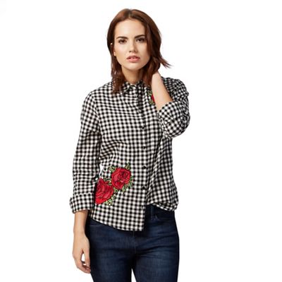 Black check print rose embroidered button down shirt